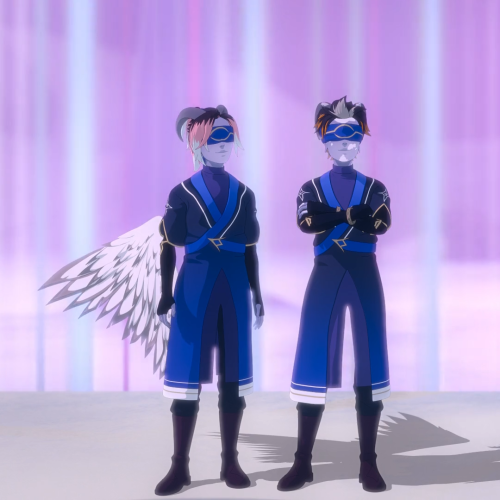 [ID: Cropped screencap from The Dragon Prince Season 6 showing Astrid and Kosmo. They have purple skin, backward bending horns, blindfolds, and are dressed in robes of deep blue. Astrid has a pair of wings growing from her lower back while Kosmo has vitiligo. End ID]