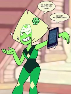 eyzmaster: Steven Universe - Peridot 127 by theEyZmaster  Screenshot redraw!She was so cute in that episode with the ribbon and the tablet on her arm &lt;3    ;9