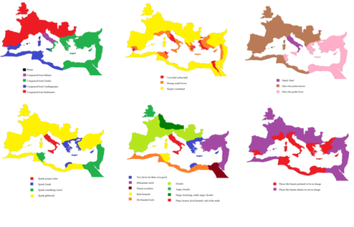 land-of-maps:Six ways to divide the Roman Empire (based on Roman stereotypes) (2500x1600)