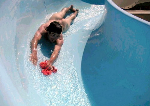 Down the water slide.