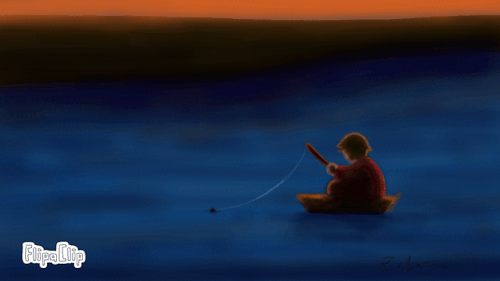 A one-second gif of Grian sitting on a boat in the middle of a river fishing. An orange minecraft sunset darkens the horizon and turns the water a dark blue. A dark riple emmenates from the fishing bobber. Grian and his boat are silouetteed against the sunset.