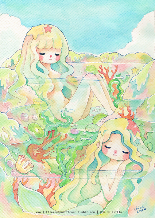 littlemisspaintbrush:A water nymph and a mermaid chilling in a tidal pool ♥ I’m selling prints of th