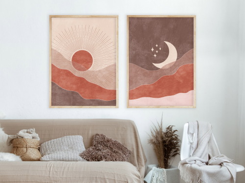 Boho sun and moon prints set of 2, Neutral beige and terracotta decor, Modern printable wall art on 