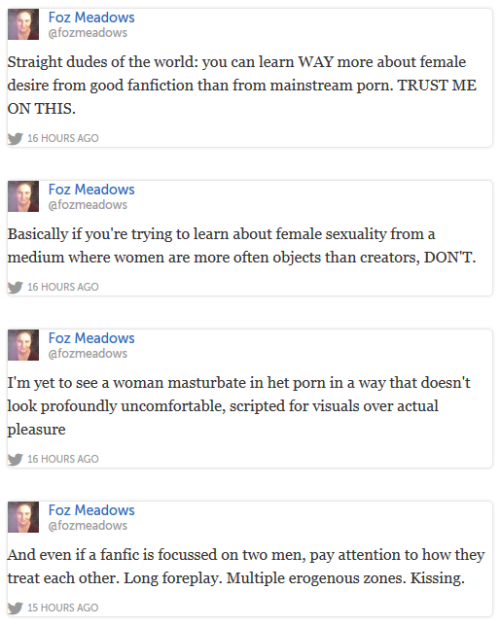 conversationswithbenedict:fozmeadows:totallyevillisa:aimmyarrowshigh:Foz Meadows on Portrayal of Sex
