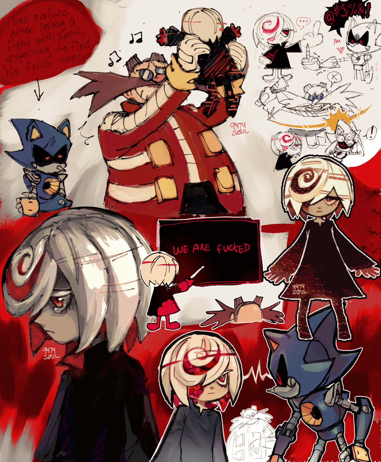 sonic the hedgehog, amy rose, dr. eggman, metal sonic, metal amy, and 1  more (sonic and 1 more) drawn by 9474s0ul