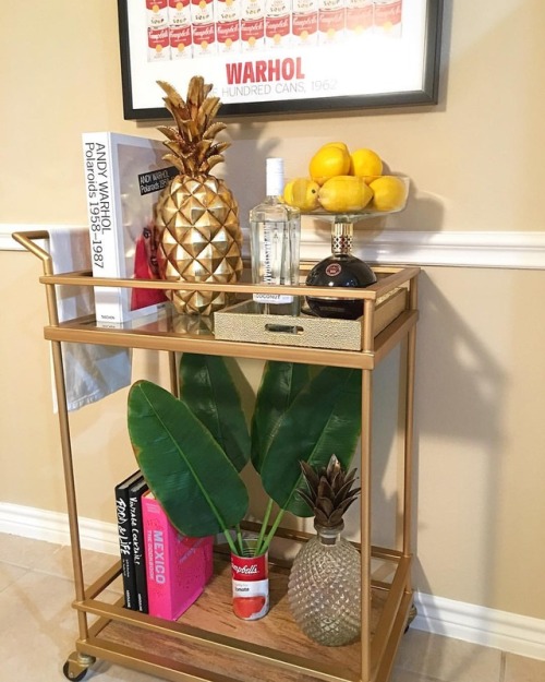 When I can’t sleep, I rearrange thangs. #nightowl #barcart #homedecor #andywarhol #popart #pineapple