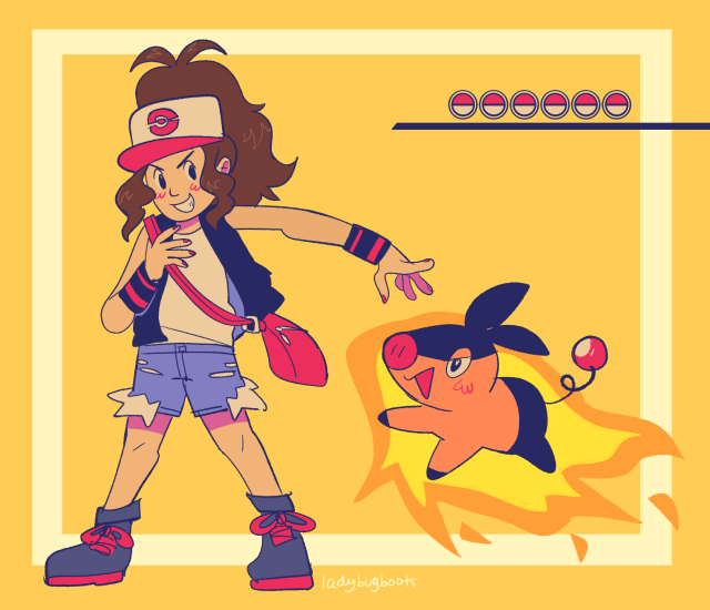 [id: an illustration of hilda from pokemon grabbing her bag strap with her right hand, and throwing out her left hand towards...