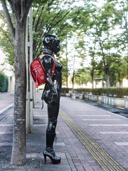 Black Rubber Latex Catsuit with Red Randoseru in Public