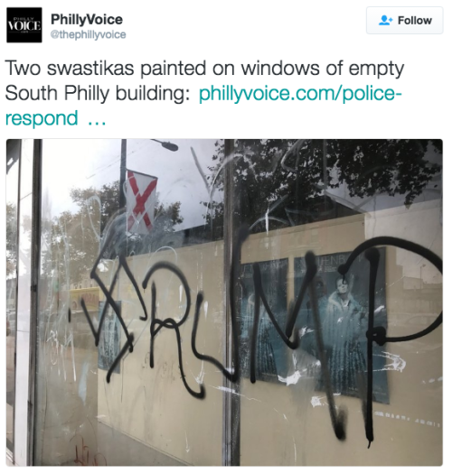 jewishpolitics:sauvamente:the-movemnt:Pro-Trump Nazi graffiti was spray-painted on a window in Phila