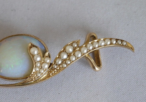 brightyoungmoga:Gold, opal and mustard seed pearl obi (sash) pin by Mikimoto. Thought to be made in 