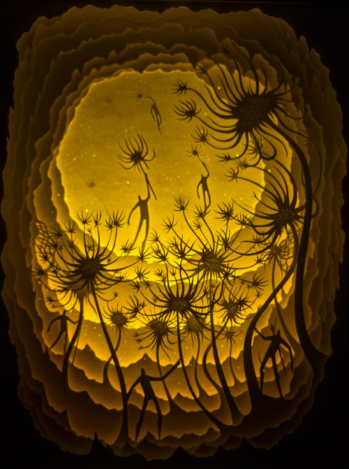 asylum-art:  New Backlit Paper Sculptures by Deepti Nair and Harikrishnan Panicker At Black Book Gallery “Where I Belong” is a paper cut light box installation work of hand cut watercolor on paper assembled in a shadow box that is backlit with LED