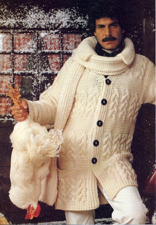 hodgman:  Got my costume. Halloween can’t come soon enough. weirdvintage:  Man in Aran Cardigan.  With Chicken.  This photo was taken from a late 1970’s Yugoslav handcraft book that was translated from German (via Lomography)   Cardigan with chicken