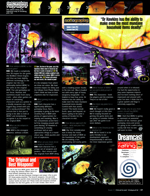 oldgamemags:  Dreamcast Magazine #2, October 1999 - Preview of MDK2!  Follow oldgamemags on Tumblr for more awesome scans from yesteryear!