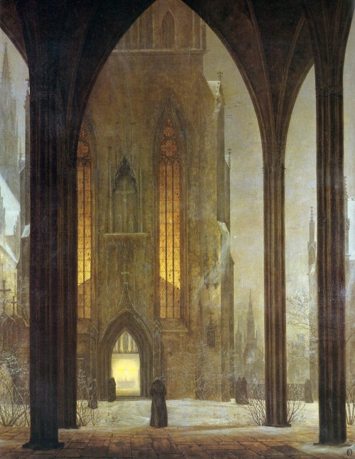 Cathedral in Winter.1821.Oil on Canvas.127 x 100 cm.Gemäldegalerie, Dresden, Germany.Art by Ernst Fe