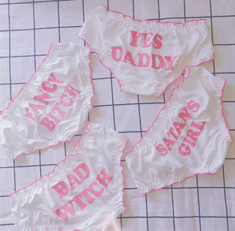 likedaddylikedaughter:  daddys-little-princess-puddles:queen–nymphetamine:  nymphetfashion:  🎀100% ANGEL / Daddy’s little Girl / OFF LIMITS🎀🎀Kiss Me / Eat Me / Good Girl / ‘Good Girl’ Panties (In ‘Yes Daddy’, ‘Bad Witch’, ‘Fancy