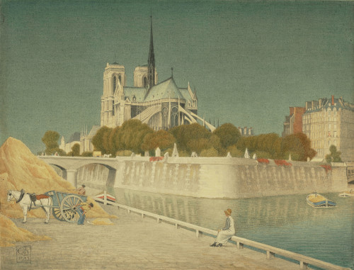 Joseph Edward Southall (1861-1944) - Notre-Dame and the SeineWatercolour and pencil on paper on card