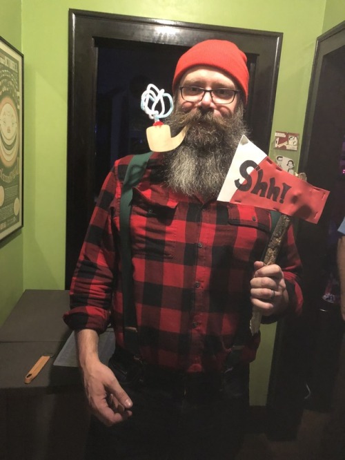 Out… and in my Halloween costume. A Quebecois lumberjack going to school to become a librarian 