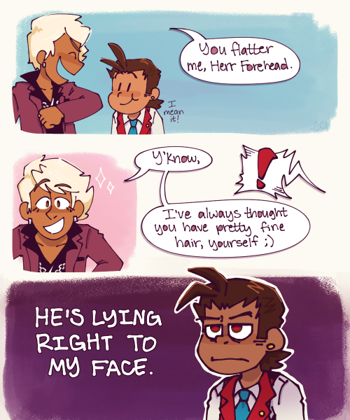 dullahandame:moonrpg:what is flattery? lying with style [ID: a digital comic featuring Klavier Gavin