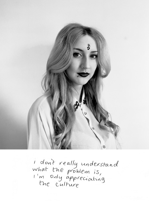 aloverthatsighs:  This body of work is an exploration of the extent of cultural appropriation and encourages a discussion about it. I give the appropriator and the appropriated the opportunity to defend themselves and create a dialogue between them, while