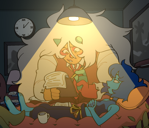 Lapis Lazuli pursues therapy, bizarrely with Jasper as her therapist. This seems to have led to a very late night session with Jasper bedraggled and notes strewn about the room while Lapis continues speaking.