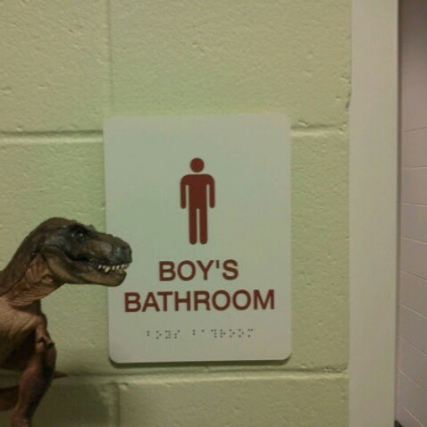 Big Al seethes with anger outside the school bathroom. #bigal #dinosaurs #bathrooms #grammar #fail