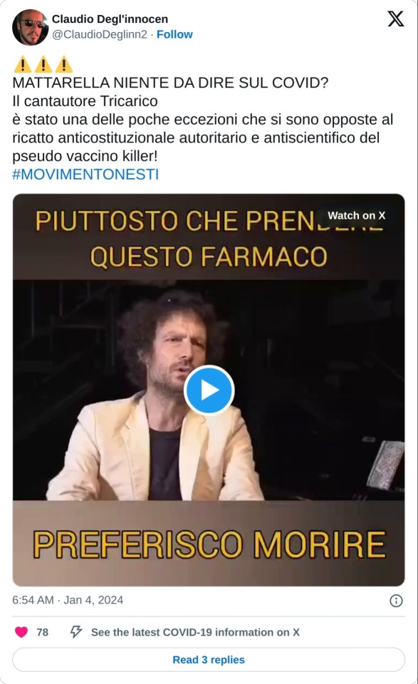 ⚠️⚠️⚠️ MATTARELLA NIENTE DA DIRE SUL COVID? Il cantautore Tricarico  è stato una delle poche eccezioni che si sono opposte al ricatto anticostituzionale autoritario e antiscientifico del pseudo vaccino killer!#MOVIMENTONESTI pic.twitter.com/0Rx6OW7Vvy  — Claudio Degl'innocen (@ClaudioDeglinn2) January 4, 2024