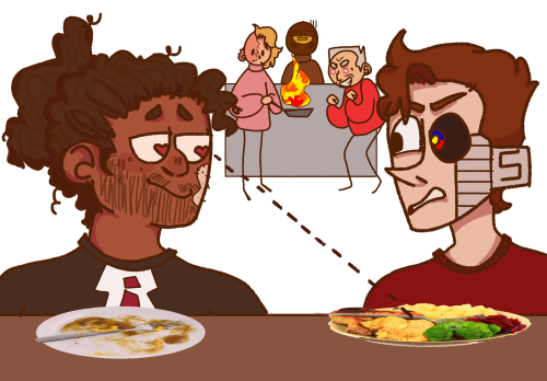 blood-gulch-reds:“Why does it always feel like im third wheeling  with you and the goddamn food?!”Ha