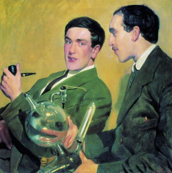 artist-kustodiev: Portrait of Peter Kapitza and Nikolai Semyonov, Boris Kustodiev Medium: oil,canvashttps://www.wikiart.org/en/boris-kustodiev/portrait-of-peter-kapitza-and-nikolai-semyonov-1921 