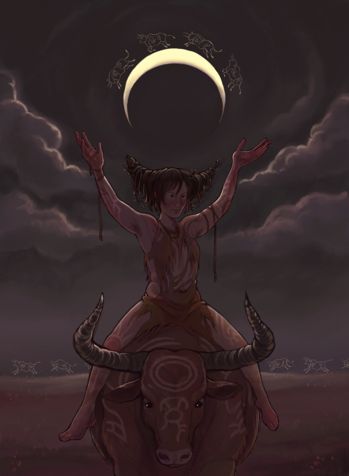 Pathologic 2 fanart of a night scene, with a Herb Bride sitting atop a bull. Both she and it are facing the viewer, image cropped just above the bull's legs. As she sits and looks at the viewer with a knowing smile, the bull placid, its head dropped in relative calm, she raises her arm in a V above her head. Over her rises a crescent moon. Her hands and legs are dirty with clay, dirt and maybe blood, and both she and the bull are painted of pale sigils. Her hair is braided into two horns, with leather strings holding bits of bones in them, as well as wrapping around her arms. Clouds gather behind her, and the flowers and herbs are strew across the steppe. Four minimal bulls, drawn with simple lines like petroglyphs, incorporating sigils in their designs, run over the curve of the moon, and five more over the line of the horizon.