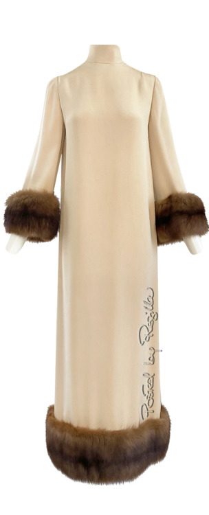 Regilla ⚜ 1964 Norman Norell Couture Ivory Silk Crepe Dress w Natural Mink Cuffs & Hem Detailing