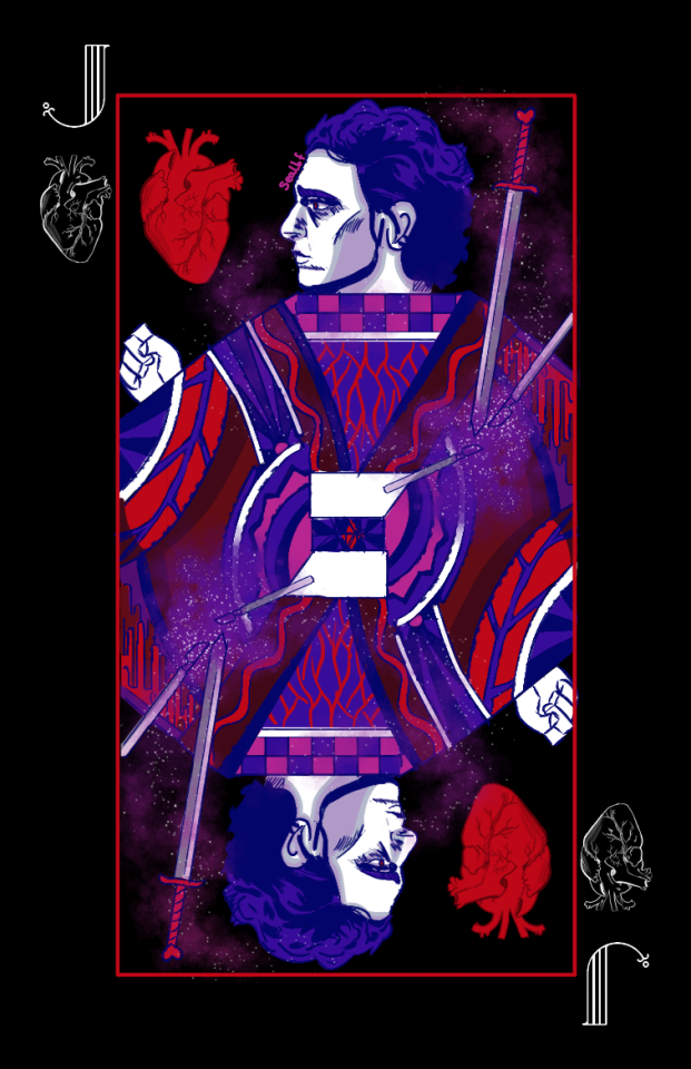 The Jack of Hearts is a man facing to the side, while his body is facing the viewer. His coat is patterned with veins, dripping blood, triangles and squares, all using shades of pink, purple, blue and red. Sprouting from his heart is a cloud of pink and purple that swirls around his head. There is a sword and two scalpels probing where his heart should be. His expression is weary and tired, but mostly neutral. There are two red hearts in the corners, like a regular jack card, but anatomically correct. The squares on the Jack's design are taken from the Queen card, and the sword is taking from the design of the King card.