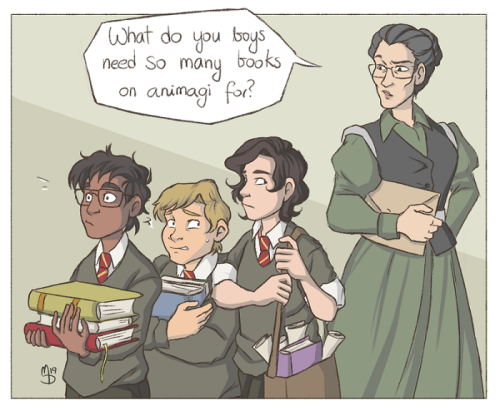 deadcatwithaflamethrower: kayarai:  remus-john-lupin:   wingedcorgi:  if the marauders were brilliant enough to discuss their fullmoon trips in front of snape, then there’s no way they’d be able to conceal themselves from mcgonagall.unless of course