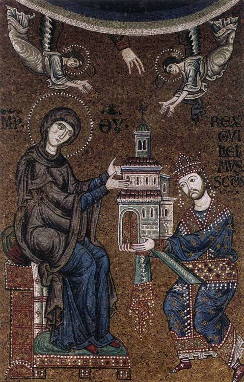 Monreale Cathedral mosaics;King William II Presenting the Virgin Mary with a Model of Monreale Cathe