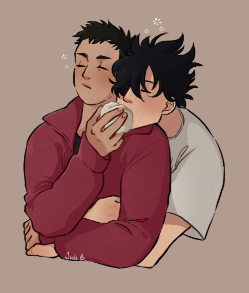 carottemechante:I’M FINALLY BACK WITH SOME KURODAI :D[id: an illustration of daichi and kuroo. kuroo