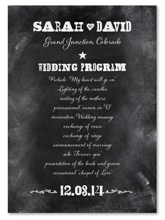 Illustrated on washed black chalkboard, these wedding programs are printed on 100% recycled paper, in San Diego California. Western, rustic and organic, Old West collection will be a favorite!
Chalkboard Wedding Invitations
