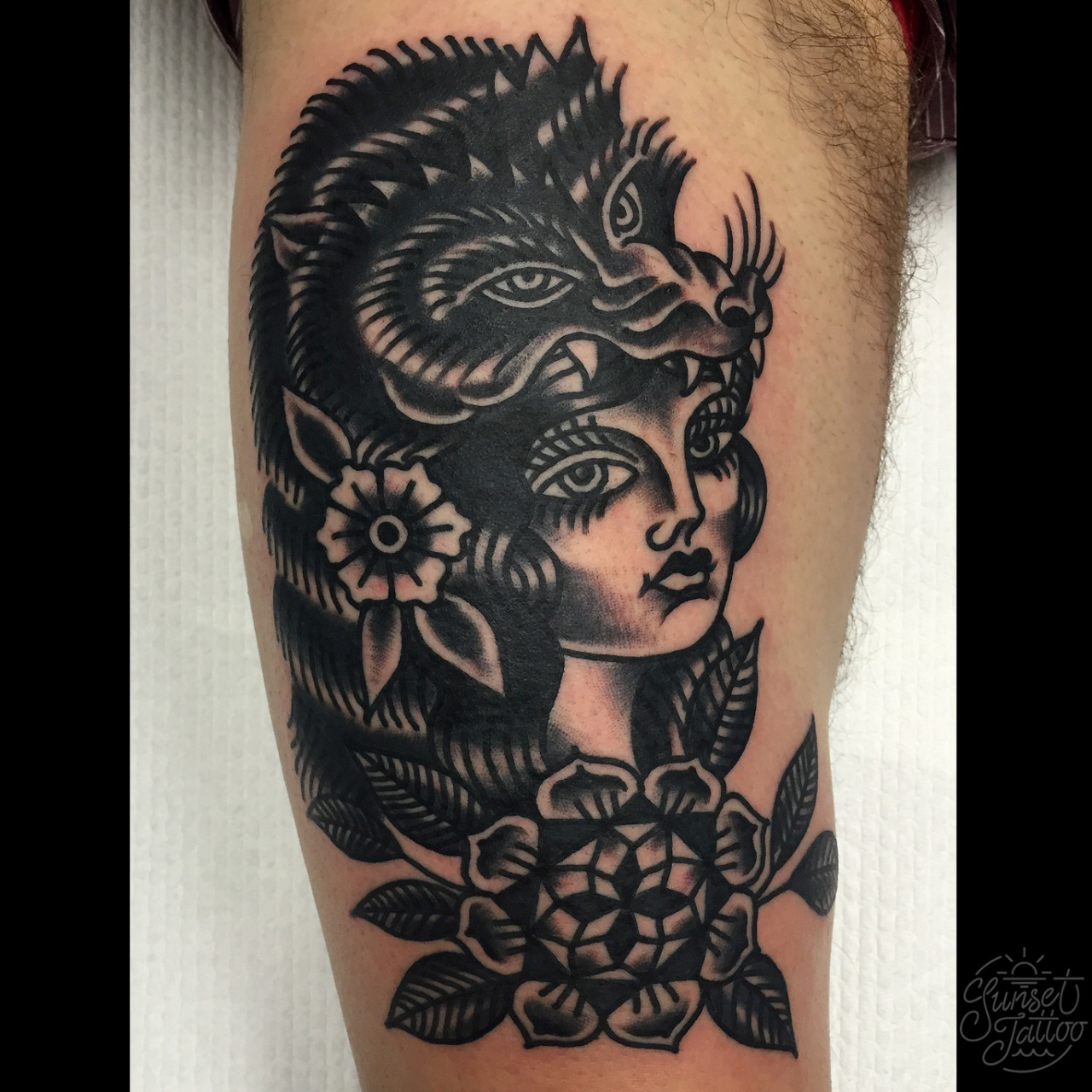 prompthunt tattoo design stencil tattoo stencil traditional beautiful  portrait of a warrior girl with a wolf headdress on surrounded by flowers  upper body by artgerm artgerm artgerm digital art cat girl anime