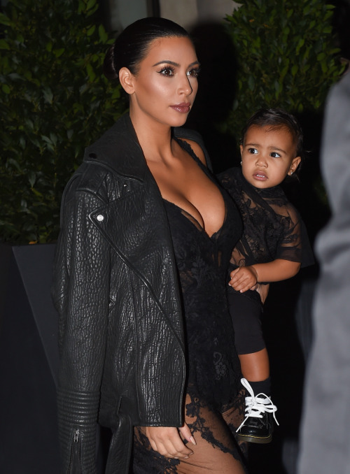 kimkanyekimye:  Kim & North leaving their hotel to head towards the Givenchy SS15 RTW show in Paris 9/28/14