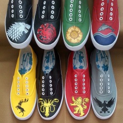 gameofthrones-fanart:  Awesome Hand-Painted Shoes With Game of Thrones House Sigils by WhiskyFoxtrot Buy them on ETSY  These are awesome!
