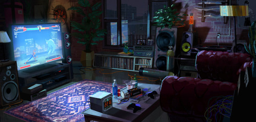 Uncle Aaron’s apartment was a real treat to design. As with all sets this was an extension of the ch