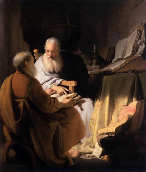 artmastered:  Rembrandt, Two Scholars Disputing, 1628, oil on panel, 72 x 60 cm, National Gallery of Victoria, Melbourne. Source This is believed to be a representation of Saints Peter and Paul, though they are not depicted with any of their recognisable