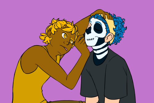 El painting Annie’s face for Halloween.I like this poor boy’s sad attempt at putting his hair in a h