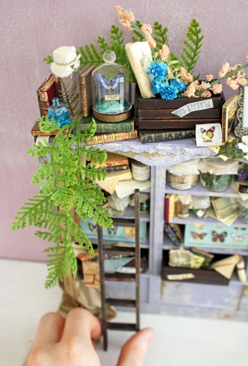 sosuperawesome:Miniature Libraries / Butterfly Cabinet / Snowdrift Witch MirrorLDelaney on Etsy