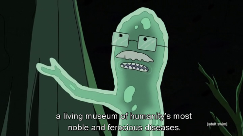 An human body transformed in an anatomy park and living museum of diseases, in Rick and Morty, Anato