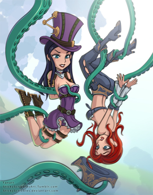  Uh oh, Miss Fortune and Caitlyn were so busy fighting, they didn’t  notice they disturbed a Tentacle Monster. Looks like might be in for a  naughty lesson, no butts about it. What will happen next?The winning  suggestion of the free art community