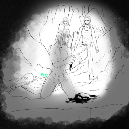 boomchickfanfiction: [image description: Deep underground in the Mythril Mines, Sephiroth kneels. At