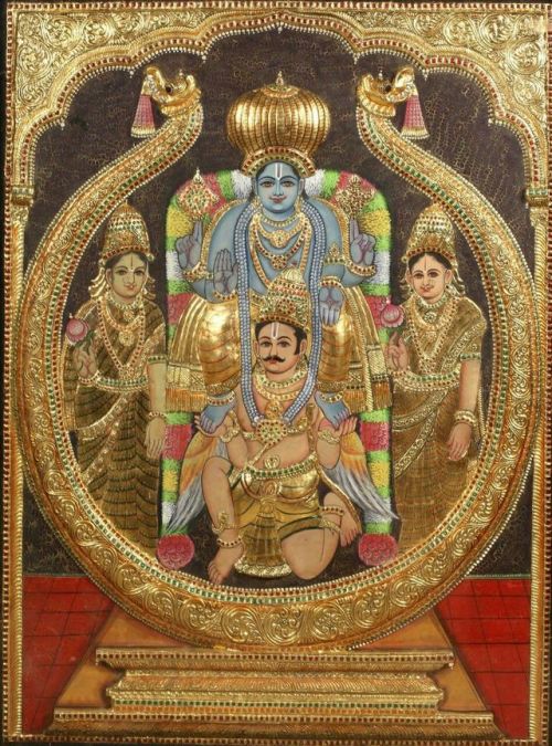 Cheluvanarayana Swamy from Melkote with Lakshmi and Bhumi on Garuda, Thanjore painting