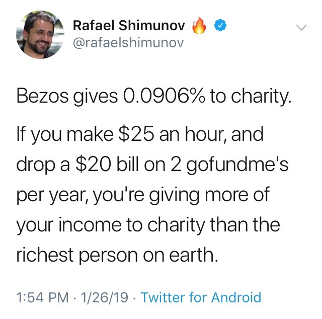 pebbleofgod: brosefvondudehomie:  fullpraxisnow:  Math proves that capitalism sucks and that capitalists are greedy.    So he gave millions and you gave ุ and feel like you’re doing more?  