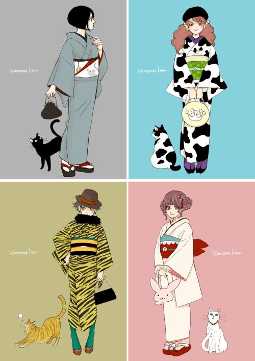 Jūnishi (Chinese zodiac) kimono outfits featuring matching cats, by Masaya Kana (I LOVE the outfit p