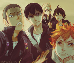 viria:Tanaka-senpai is teaching his fellow kohais the important techniques of intimidation he mastered during his lifetime. Kageyama does a nice job except he’s actually concerned if he wants to buy milk or juice. Tsukishima is surrounded by idiots.