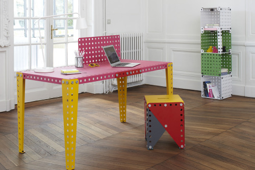 archatlas:  Meccano Home   Meccano Home offers a reduced number of assembly parts for constructing a plurality of furnitureEach of the 20 modules can have multiple functions, giving free rein to the imagination. As with Meccano sets, all elements meet